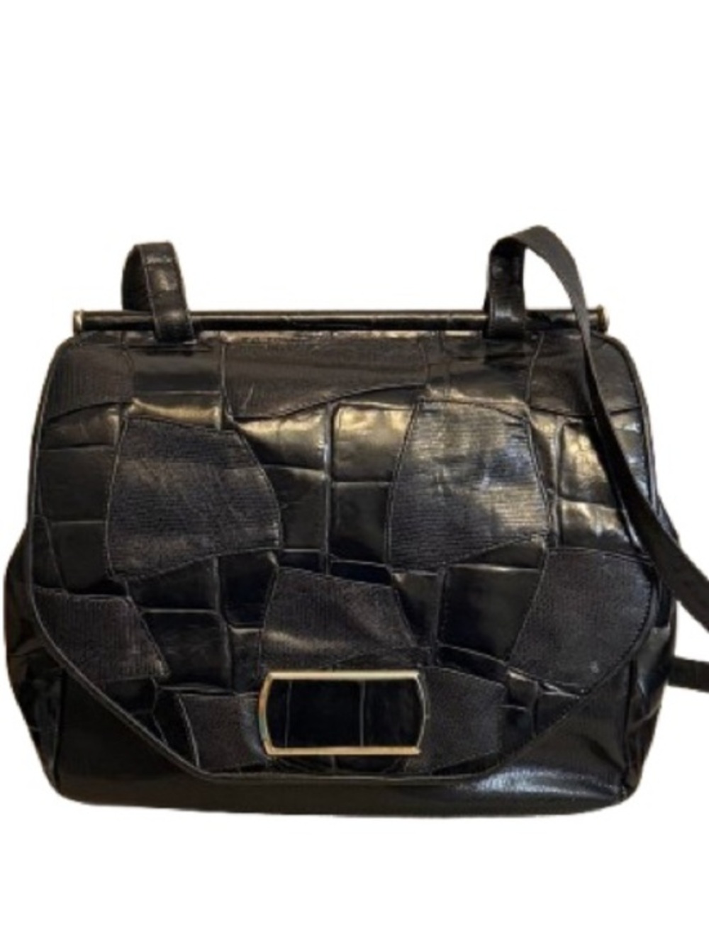 Vintage Sharif Black Leather Patchwork Reptile Shoulder Bag Made USA